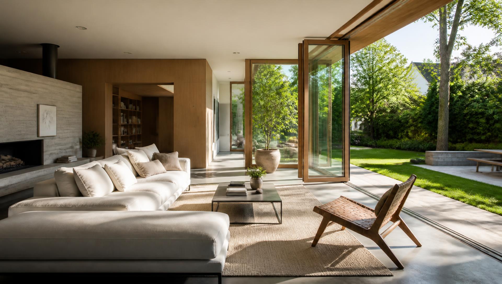 Intérieur contemporain lumineux ouvert sur un jardin